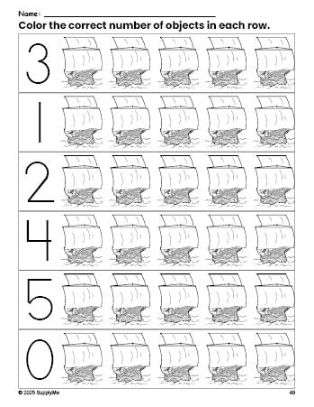 Free printable Mayflower Thanksgiving count and color worksheet for preschoolers, Thanksgiving coloring page and counting worksheet numbers 0-5, PDF