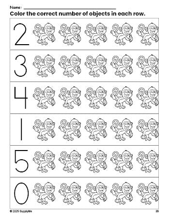 Free printable monkey count and color worksheet for preschoolers, monkey coloring page and counting worksheet numbers 0-5, PDF