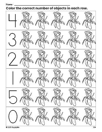 Free printable monkey count and color worksheet for preschoolers, monkey coloring page and counting worksheet numbers 0-5, PDF