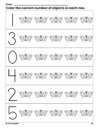 Free printable moth count and color worksheet for preschoolers, moth coloring page and counting worksheet numbers 0-5, PDF