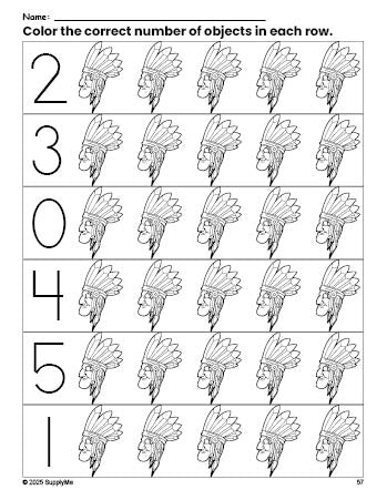 Native Numbers Printable FREE Native American Count and Color Worksheet for Preschoolers ...