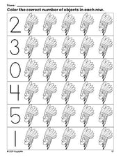 Free printable Native American Thanksgiving count and color worksheet for preschoolers, Thanksgiving coloring page and counting worksheet numbers 0-5, PDF