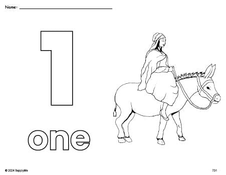 Free printable Mary Christmas coloring page and counting worksheet, number 1 coloring page for preschool, pre-k, and kindergarten