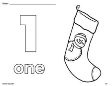Free printable stocking Christmas coloring page and counting worksheet, number 1 coloring page for preschool, pre-k, and kindergarten