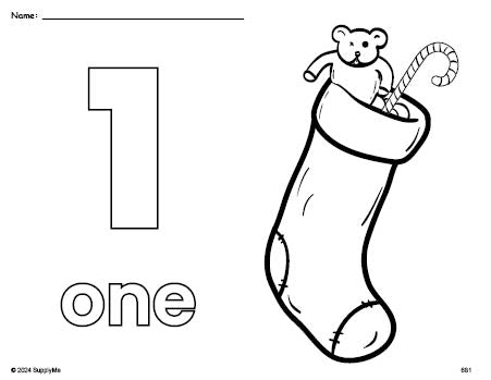 Free printable stocking Christmas coloring page and counting worksheet, number 1 coloring page for preschool, pre-k, and kindergarten