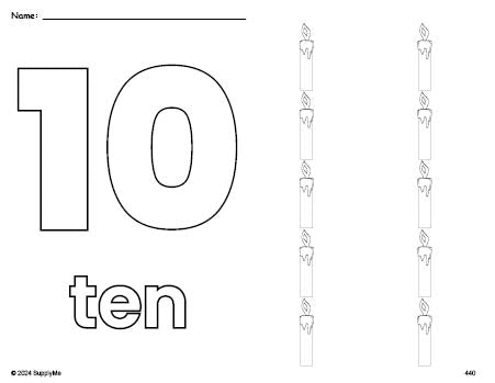 Free printable candle Christmas coloring page and counting worksheet, number 10 coloring page for preschool, pre-k, and kindergarten