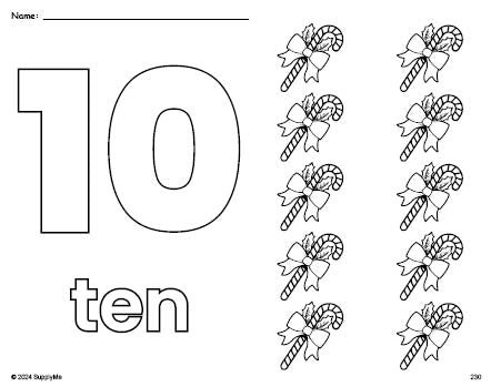 Free printable candy cane Christmas coloring page and counting worksheet, number 10 coloring page for preschool, pre-k, and kindergarten