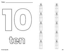 Free printable gift Christmas coloring page and counting worksheet, number 10 coloring page for preschool, pre-k, and kindergarten