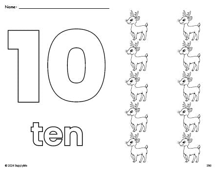 Free printable reindeer Christmas coloring page and counting worksheet, number 10 coloring page for preschool, pre-k, and kindergarten