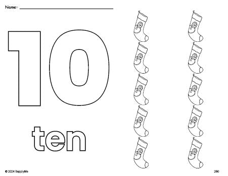 Free printable stocking Christmas coloring page and counting worksheet, number 10 coloring page for preschool, pre-k, and kindergarten