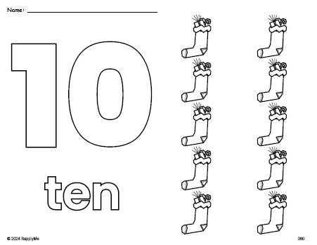 Free printable stocking Christmas coloring page and counting worksheet, number 10 coloring page for preschool, pre-k, and kindergarten