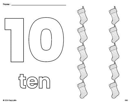 Free printable stocking Christmas coloring page and counting worksheet, number 10 coloring page for preschool, pre-k, and kindergarten