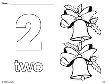 Free printable bell Christmas coloring page and counting worksheet, number 2 coloring page for preschool, pre-k, and kindergarten