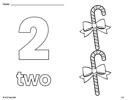 Free printable candy cane Christmas coloring page and counting worksheet, number 2 coloring page for preschool, pre-k, and kindergarten