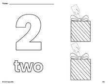 Free printable gift Christmas coloring page and counting worksheet, number 2 coloring page for preschool, pre-k, and kindergarten