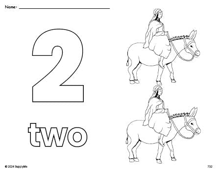 Free printable Mary Christmas coloring page and counting worksheet, number 2 coloring page for preschool, pre-k, and kindergarten