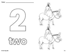 Free printable Mary Christmas coloring page and counting worksheet, number 2 coloring page for preschool, pre-k, and kindergarten