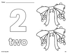 Free printable mistletoe Christmas coloring page and counting worksheet, number 2 coloring page for preschool, pre-k, and kindergarten