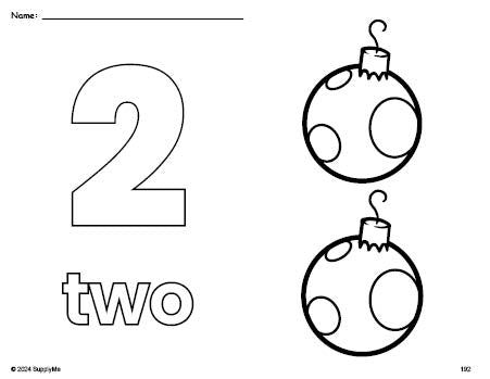 Free printable ornament Christmas coloring page and counting worksheet, number 2 coloring page for preschool, pre-k, and kindergarten