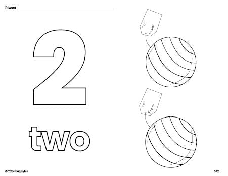 Free printable present Christmas coloring page and counting worksheet, number 2 coloring page for preschool, pre-k, and kindergarten