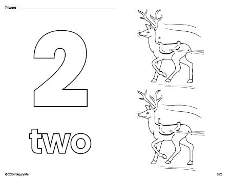 Free printable reindeer Christmas coloring page and counting worksheet, number 2 coloring page for preschool, pre-k, and kindergarten