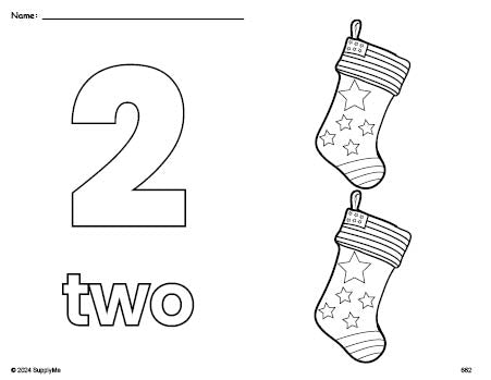 Free printable stocking Christmas coloring page and counting worksheet, number 2 coloring page for preschool, pre-k, and kindergarten