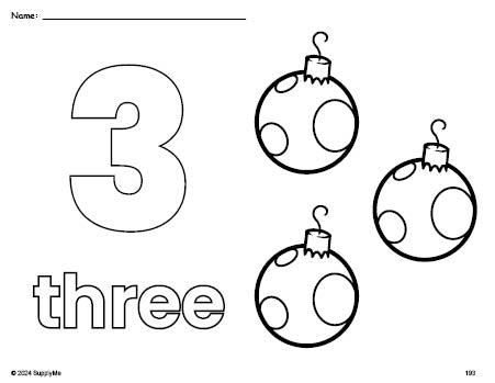 Free printable ornament Christmas coloring page and counting worksheet, number 3 coloring page for preschool, pre-k, and kindergarten