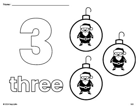 Free printable ornament Christmas coloring page and counting worksheet, number 3 coloring page for preschool, pre-k, and kindergarten