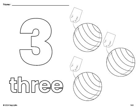Free printable present Christmas coloring page and counting worksheet, number 3 coloring page for preschool, pre-k, and kindergarten