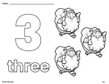 Free printable Santa Christmas coloring page and counting worksheet, number 3 coloring page for preschool, pre-k, and kindergarten