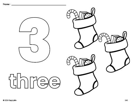 Free printable stocking Christmas coloring page and counting worksheet, number 3 coloring page for preschool, pre-k, and kindergarten