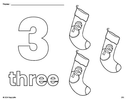 Free printable stocking Christmas coloring page and counting worksheet, number 3 coloring page for preschool, pre-k, and kindergarten