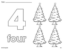 Free printable Christmas tree Christmas coloring page and counting worksheet, number 4 coloring page for preschool, pre-k, and kindergarten