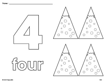 Free printable Christmas tree Christmas coloring page and counting worksheet, number 4 coloring page for preschool, pre-k, and kindergarten