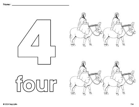 Free printable Mary Christmas coloring page and counting worksheet, number 4 coloring page for preschool, pre-k, and kindergarten