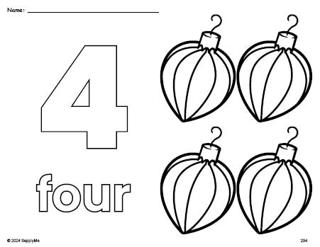 Free printable ornament Christmas coloring page and counting worksheet, number 4 coloring page for preschool, pre-k, and kindergarten