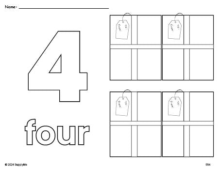 Free printable present Christmas coloring page and counting worksheet, number 4 coloring page for preschool, pre-k, and kindergarten