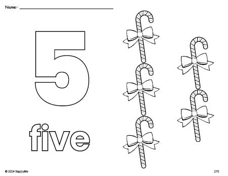 Free printable candy cane Christmas coloring page and counting worksheet, number 5 coloring page for preschool, pre-k, and kindergarten