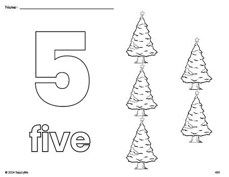Free printable Christmas tree Christmas coloring page and counting worksheet, number 5 coloring page for preschool, pre-k, and kindergarten
