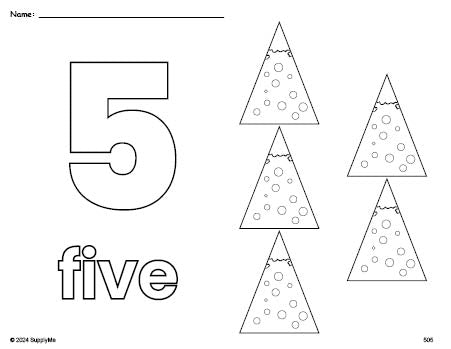 Free printable Christmas tree Christmas coloring page and counting worksheet, number 5 coloring page for preschool, pre-k, and kindergarten