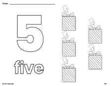 Free printable gift Christmas coloring page and counting worksheet, number 5 coloring page for preschool, pre-k, and kindergarten