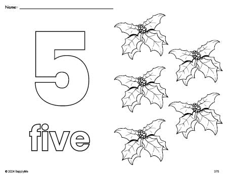 Free printable holly Christmas coloring page and counting worksheet, number 5 coloring page for preschool, pre-k, and kindergarten