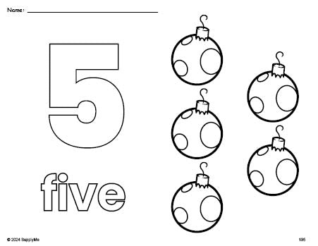 Free printable ornament Christmas coloring page and counting worksheet, number 5 coloring page for preschool, pre-k, and kindergarten
