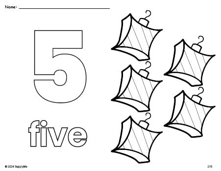 Free printable ornament Christmas coloring page and counting worksheet, number 5 coloring page for preschool, pre-k, and kindergarten