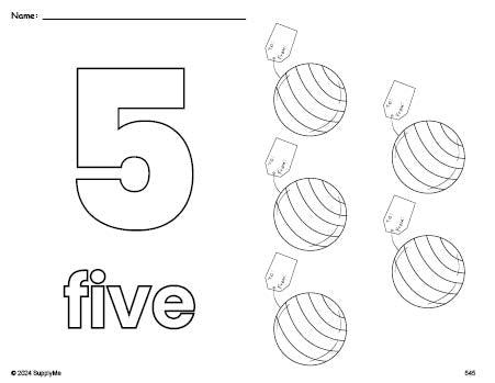 Free printable present Christmas coloring page and counting worksheet, number 5 coloring page for preschool, pre-k, and kindergarten