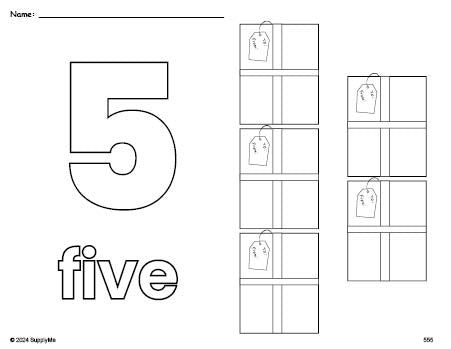 Free printable present Christmas coloring page and counting worksheet, number 5 coloring page for preschool, pre-k, and kindergarten
