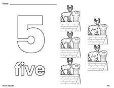 Free printable reindeer Christmas coloring page and counting worksheet, number 5 coloring page for preschool, pre-k, and kindergarten