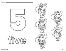 Free printable Santa Christmas coloring page and counting worksheet, number 5 coloring page for preschool, pre-k, and kindergarten