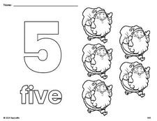 Free printable Santa Christmas coloring page and counting worksheet, number 5 coloring page for preschool, pre-k, and kindergarten