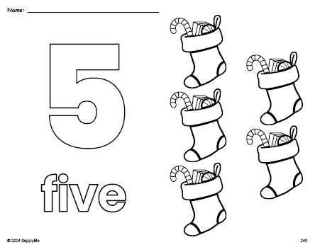 Free printable stocking Christmas coloring page and counting worksheet, number 5 coloring page for preschool, pre-k, and kindergarten